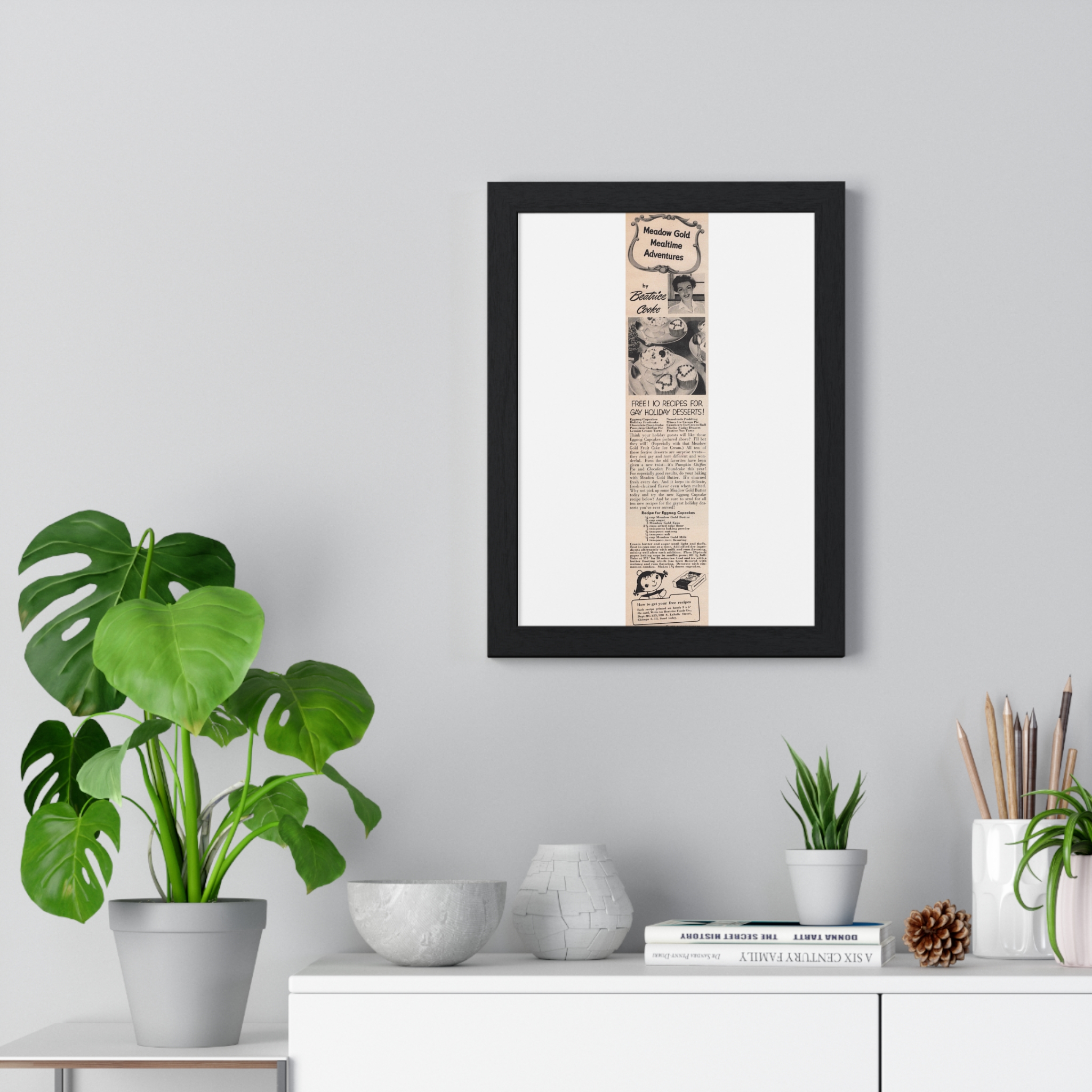 1955 Meadow Gold (Beatrice Foods Co.) Egg Nog Cup Cakes Recipe - Vertical Framed Poster - Image 2