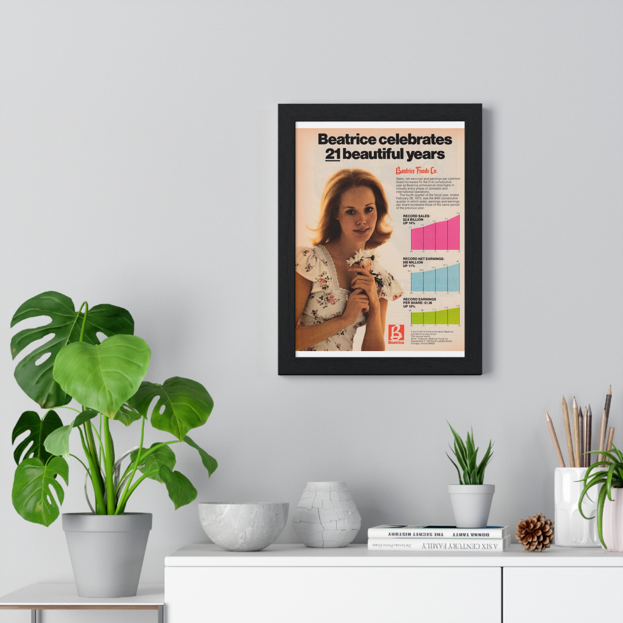 1973 Beatrice celebrates 21 beautiful years of net earnings - Vertical Framed Poster - Image 2