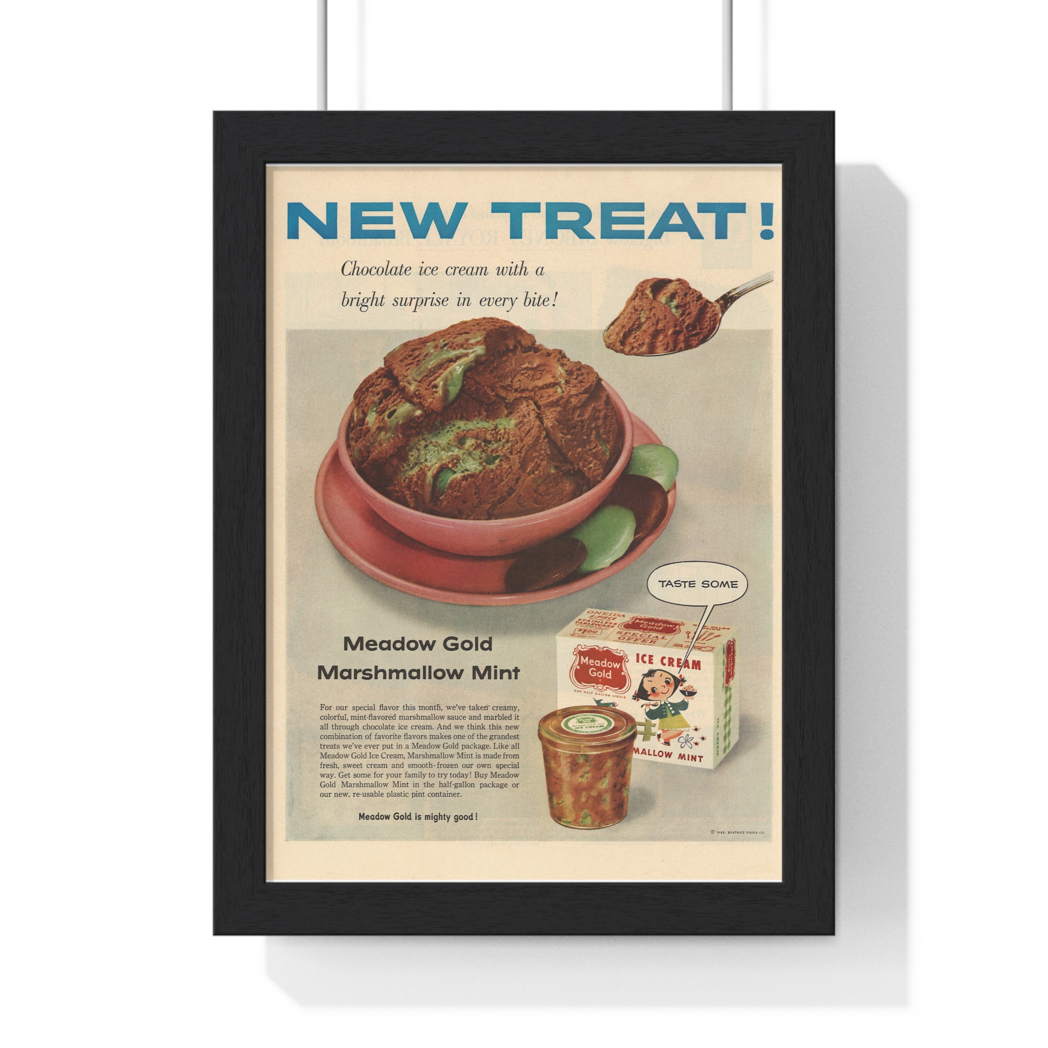 1955 Meadow Gold (Beatrice Foods Co.) New Treat! Marshmallow Mint - Vertical Framed Poster