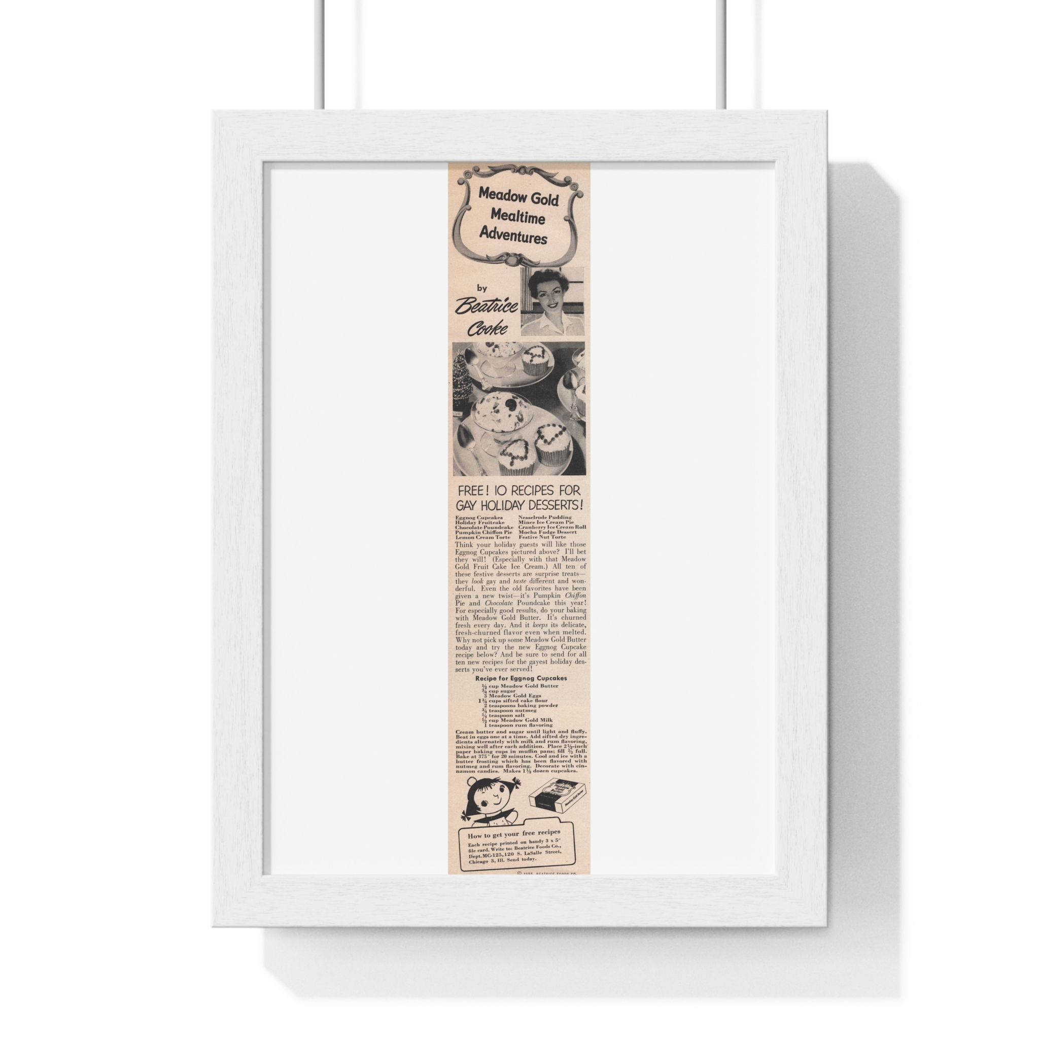 1955 Meadow Gold (Beatrice Foods Co.) Egg Nog Cup Cakes Recipe - Vertical Framed Poster - Image 4