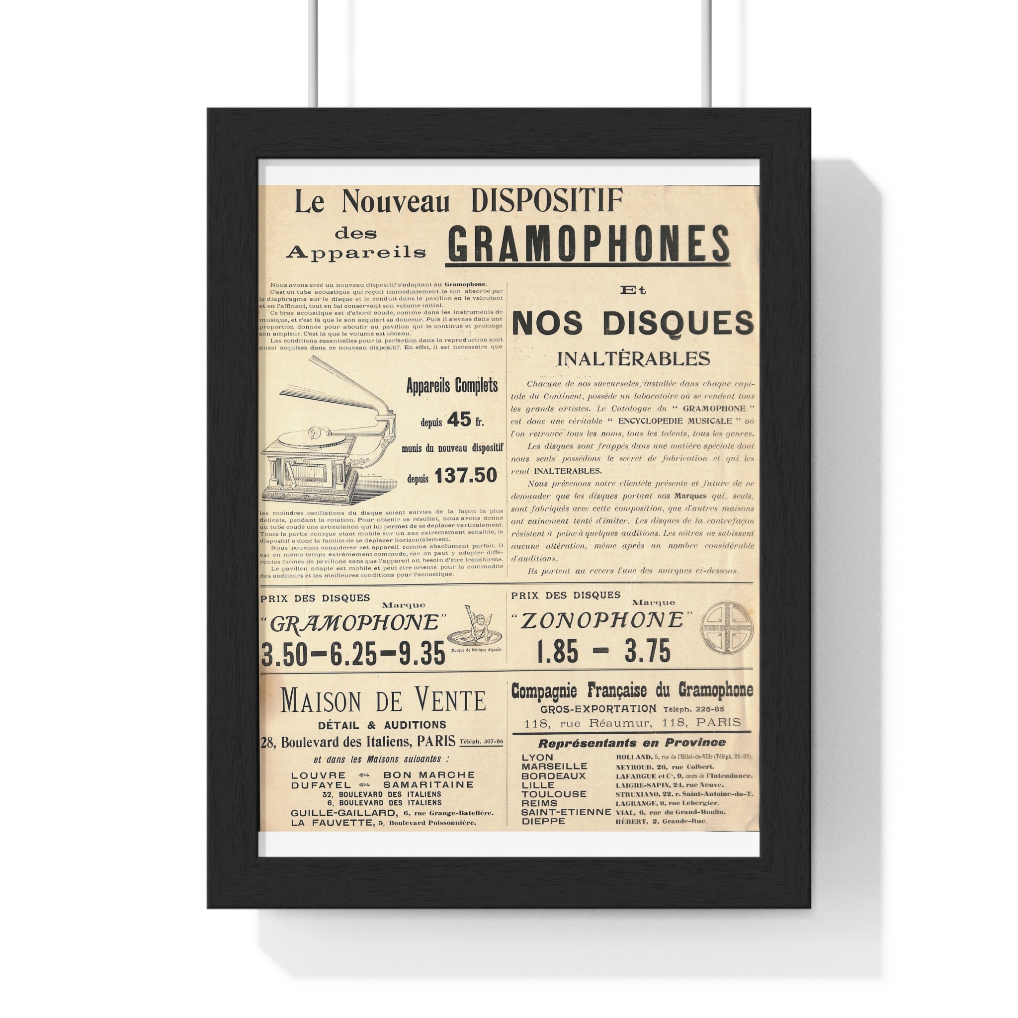 1895 Zonophone Le Nouveau Dispositif des Appareils Grahophones - Vertical Framed Poster